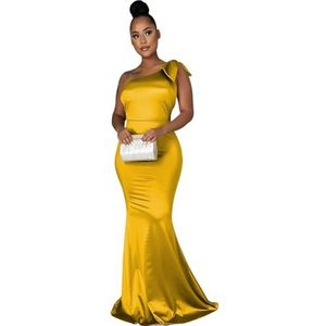 Sexy mouwloze bodyconjurken met één schouder for dames, modieuze gerimpelde bodyconjurk, mouwloze sexy wikkeljurken met satijnen riem en cocktailjurken(Yellow,XXL)