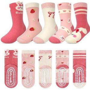 Kyopp 5 paar antislipsokken voor kinderen, katoen, voor jongens en meisjes, ABS-kunststof, antislip, diermotieven, maat 25-37 EU, ABS-aardbeihaasje, 25-28