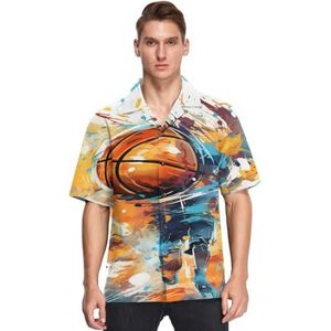 KAAVIYO Aquarel Basketbal Art Shirts voor Mannen Korte Mouw Button Down Hawaiiaanse Shirt voor Zomer Strand, Patroon, L