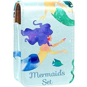 Lippenstift Hoesje met Spiegel Mooie Groene Aquarel Zeemeerminnen Vissen Zeewier Lipgloss Houder Draagbare Lippenstift Opbergdoos Reizen Make-up Tas Mini Lederen Cosmetische Pouch Houdt 3 Lippenstift