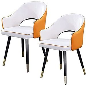 GEIRONV Moderne lederen eetkamerstoel set van 2, met metalen poten keukenstoelen fauteuil met hoge rugleuning slaapkamer leesstoel woonkamerstoel Eetstoelen (Color : White orange, Size : 48x42x81cm