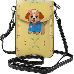Schattige Cartoon Hond Lederen Cross Body Flip Telefoon Tas Met Afneembare Schouderbanden, Gebruikt Voor Reizen, Dating, Vakantie Geschenken, Zwart, Eén maat