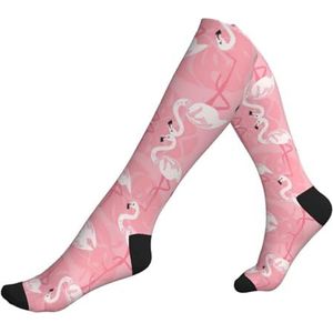 KoNsev Zomer Flamingo Palm Bladeren Compressie Sokken Voor Vrouwen Mannen Ondersteuning Sokken Knie Hoge Verpleegkundigen, Zwangerschap, Hardlopen, Vliegen, 2 Zwart-2, Eén Maat