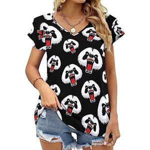Angry Giant Panda Casual tuniek tops ruches korte mouwen T-shirts V-hals blouse T-shirt