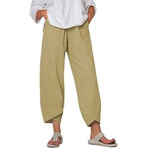 Capri-broek for dames, katoen, linnen, wijde pijpen, capri's, dames, zomer, groot formaat, hoge taille, palazzo-broek (Color : KHAKI, Size : S)
