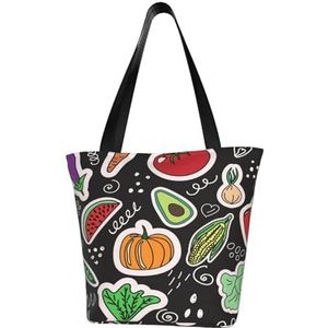 BeNtli Schoudertas, canvas draagtas grote tas vrouwen casual handtas herbruikbare boodschappentassen, cartoon groenten fruit, zoals afgebeeld, Eén maat