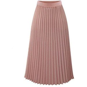 Plisseerrok voor dames, midi-lang, elegant, plooirok, zomer, boho, plooirok, elastisch, chiffon, lange strandrok, roze, M