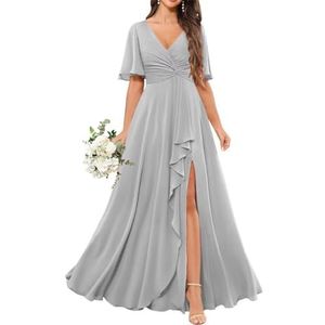 Chiffon bruidsmeisjesjurken voor dames, met spleetplooien, formele avondjurken, grote maten, Zilver, 32