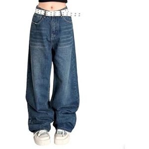 Dames Rechte Baggy Jeans Mid Taille Wijde Pijpen Casual Losse Vriendjes Vintage Y2K Denim Broek Met Zakken,Blauw,L