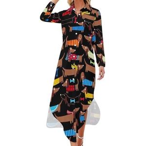 I Love My Dog Teckels Maxi-jurk voor dames, lange mouwen, knoopjurk, casual feestjurk, lange jurk, 6XL