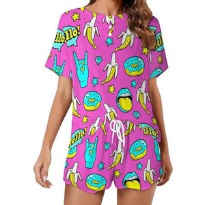 Neon Kleuren Bananen Donuts Zachte Womens Pyjama Korte Mouw Pyjama Loungewear met Zakken Gift voor Thuis Strand 4XL