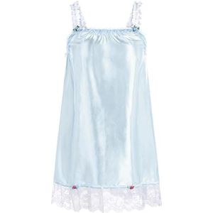 Satini Lingerie Satijn Sissy Babydoll Ruche Frilly Kant Slip Nachtkleding (Babyblauw, XXL)