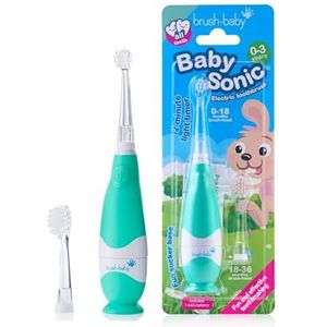 Brush-Baby BabySonic Elektrische tandenborstel Teal, 0-36 maanden, zacht, zacht vibrerend voor gevoelig tandvlees en de eerste tanden, met ledlicht, borstelkoppen voor baby's en peuters