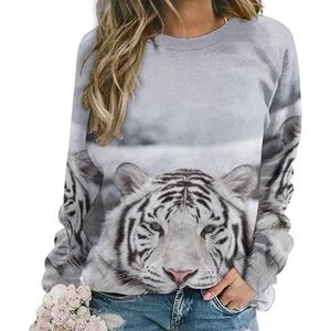 Witte tijger in de sneeuw nieuwigheid sweatshirt voor vrouwen ronde hals top lange mouw trui casual grappig