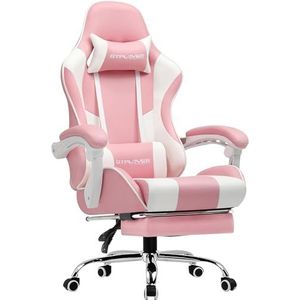 GTPLAYER Game stoel massage, gaming bureaustoel ergonomische met voetensteun, verstelbare hoofdsteun en lendensteun, in hoogte verstelbaar, Roze