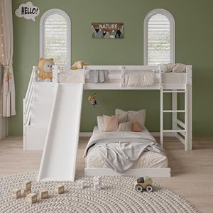 Evaolph Stapelbed 90 x 200 cm, multifunctioneel hoogslaper met glijbaan en ladder, bed 90 x 200 cm, hout, wit