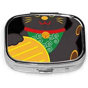 JOJOshop Lucky witte kat schilderij Pill Box/Pill Case-Square Pill Box/case-2-vaks Pill Box/Pill Case Eén maat Lucky Black Cat