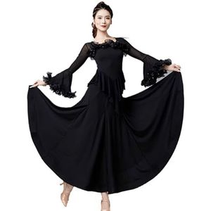 FZHQNZJF Dames Nationale Standaard Kostuum Wals Prestatie Dansjurken Ademend Foxtrot Flamenco Danskleding Trompetmouw Tango Salsa Oefening Pak,zwart,3XL