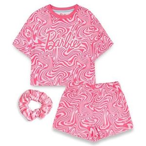 Barbie Meisjes Pyjama Set | Childrens golvende all-over print roze korte mouw top & shorts grafische pyjama's bundel met scrunchie | Poppenkleding Complete Bijpassende Nachtkleding Set