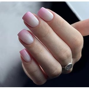AiN Katy - Touch of Pink ombre korte nagels om op te plakken - 24 stuks - press on nails lang - klaar om op te plakken - zelfklevende set - lang roze zwart rood - kunstnagels om op te plakken