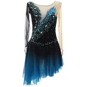 Kunstschaatsjurk for meisjes, dames lange mouwen onregelmatige zoom ijsschaatskostuums, aanpasbaar(4XL)