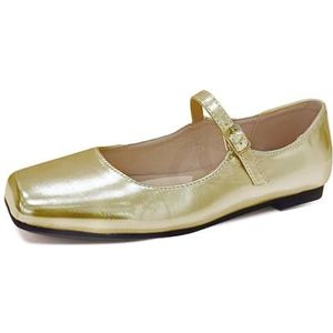 Women's Mary Jane Shoes Comfortable Square Toe Flats Buckle Strap Ballet Flats Comfortable Leather Dress Shoes (Color : Gold, Size : 39 EU)