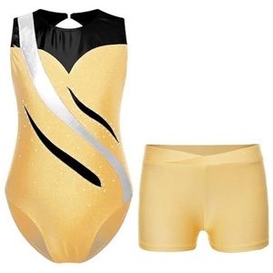 NUOYIXUAN Gymnastiekpak voor meisjes en jongens, tentoonstellingsbody, patchwork, metallic, mouwloos skating-body met shorts (geel, 14)
