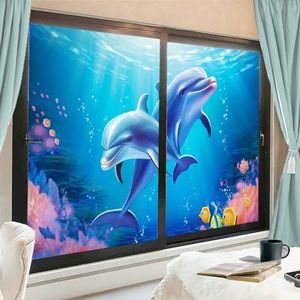 Cartoon dolfijn raamfilm warmteblokkerende kleurrijke schattige dieren privacy raamdecoratie glazen deur bedekking niet-klevende raamfilm voor badkamer keuken 60 x 90 cm x 2 stuks