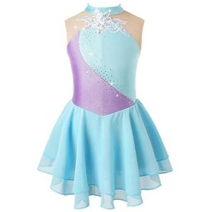 NUOYIXUAN Gymnastiekpak voor meisjes, mouwloos, met patches, glanzend, bloemmotief, kunstschaatsen, balletkleding, danskleding (lichtblauw B, 16)