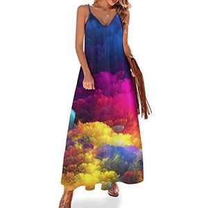 Maxi-jurk voor dames, regenboogkleur, V-hals, mouwloos, spaghettibandjes, lange jurk