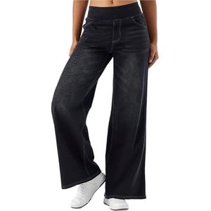 Sweatpants die op jeans lijken Boyfriend jeans Hoge taille Stretch pull-on Wijde pijpen Denim broek(Dark Grey,XS)