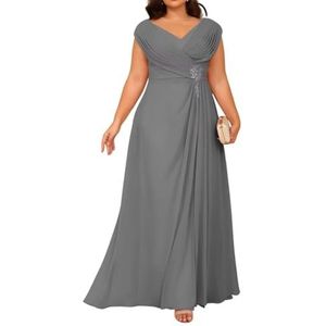 Dames chiffon moeder van de bruid jurk voor bruiloft ruches galajurken cocktailjurk plus size, Grijs, 32