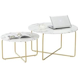 Marmeren salontafel, set van 2, bijzettafels, gouden koffietafels, wit, ronde bijzettafels, gemakkelijk te monteren, 2 stuks