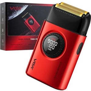 VGR 377 Scheerapparaat voor Mannen, Elektrische Dubbele Folie, Nul Machinehaar, Draagbaar, Draadloos en Oplaadbaar Scheerapparaat voor Heren, 9000 Omw/min, LED-Display (Rood)
