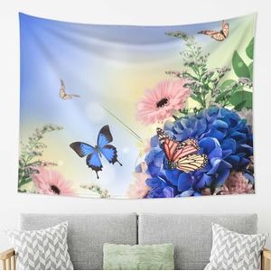 LAMAME blauwe vlinder en bloemen gedrukt Tapestry Muur Opknoping Muur Decor Esthetische Tapestry voor Slaapkamer Woonkamer