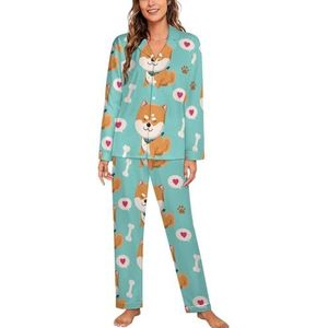 Leuke Hond Hart Print Vrouwen Lange Mouw Button Down Nachtkleding Zachte Nachtkleding Lounge Pyjama Set L