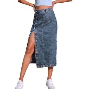 Dames zomer jeans rok midi vintage A-lijn kant split denim rokken hoge taille rokken, Donkerblauw, S