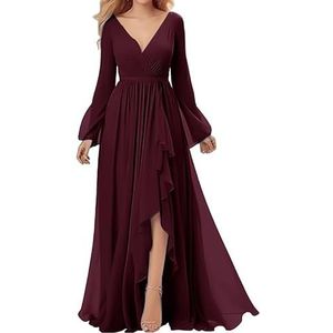 KURFACE Dames V-hals chiffon bruidsmeisjes jurken met split lange mouwen formele jurk vloerlengte bruiloft feestjurk, Bordeaux, 32