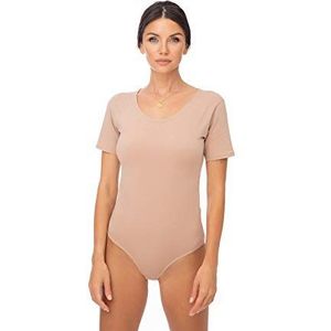 Evoni Damesbody met korte mouwen en ronde hals, T-shirt voor dames, bodysuit voor vrouwen, onderkleding, body met korte mouwen met optimale pasvorm, lichtbruin, M