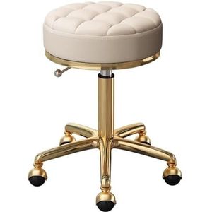 JAVPTAV Massagestoel, draaibaar, verstelbaar, voor spa-woonkamer, thuiskantoor, ronde kruk met wielen en zitting van kunstleer en goudkleurig frame, beige