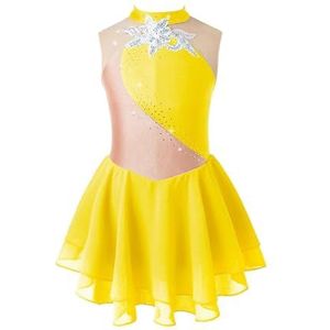 NUOYIXUAN Gymnastiekpak zonder mouwen voor meisjes, patchwork, glans, bloem, kunstschaatsen, balletkleding, danskleding (geel B, 14)