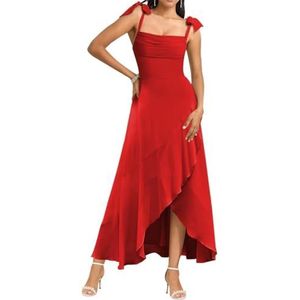 Spaghetti Bandjes Bruidsmeisjes Jurken voor Bruiloft Fluwelen Ruches Formele Avond Party Maxi Jurk High Low AH143, Rood, 32
