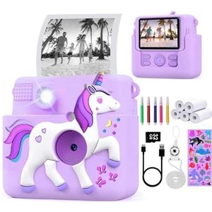FUNKAM Instantcamera voor kinderen, 1.080p, met Eenhoorn Hoes, SD-kaart, 32 GB, 5 stiften, stickers, 5 papieren rollen, hangers camera voor jongens en meisjes 3 tot 14 jaar (Paars) (Paars)