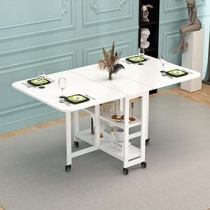 Opvouwbare eettafel met 6 wielen, mobiele opvouwbare eettafel met 2-laags opbergrek, for 4-6 personen, eetkamertafel met metalen frame en houten plank, eenvoudige montage (Color : Bianco, Size : Bia