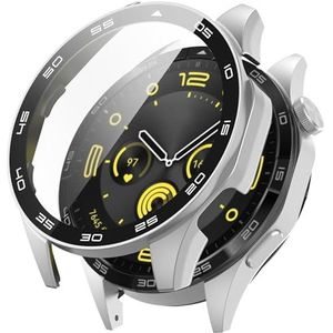 GIOPUEY Hoesje compatibel met Huawei Watch GT 4 46 mm, glazen beschermfolie + harde plastic rand, Huawei Watch GT 4 46 mm hoesje - zilver