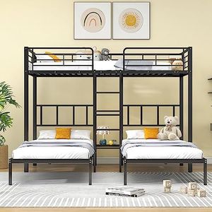 YuQozii Driepersoonsbed, drievoudig stapelbed met ladder, voor kinderen en jongeren, ijzeren bed met valbeschermingsrooster en tafel, 90 x 200 cm x 3 cm (zwart)