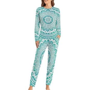 Groene Mint Mandala Zachte Dames Pyjama Lange Mouw Warm Fit Pyjama Loungewear Sets met Zakken 2XL