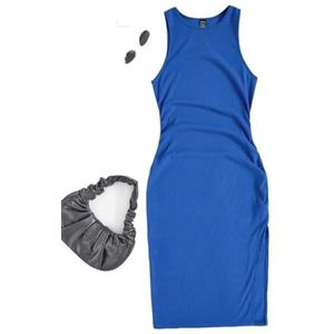 jurken voor dames Effen split-dij-tankjurk for dames, mouwloze midi/knielengte, casual effen jurk (Color : Blue, Size : Small)