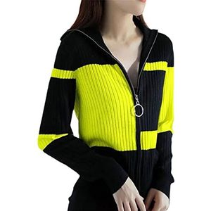 Ownwfeat Vrouwen Gebreide Trui Slanke Mode Contrast Kleur Rits Vest, Geel, XXL