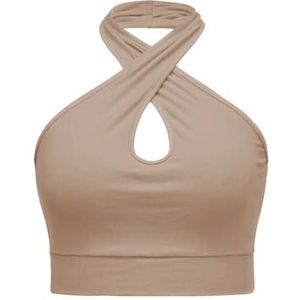 Ribgebreide Camis voor Dames, Gekruiste Halter Crop Top Zonder Rug, Zomers Effen Slank Vest(Color:Apricot,Size:M)